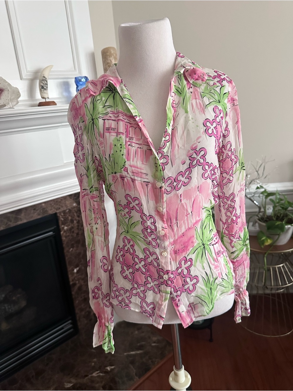 Lilly Pulitzer Vintage Silk Sheer Pink & Green Button-Front Shirt